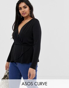 Креповый топ с запахом и асимметричным краем ASOS DESIGN Curve-Черный