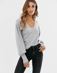 Джемпер с V-образным вырезом и пышным рукавом на манжете ASOS DESIGN-Серый