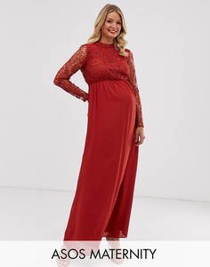 Платье макси с кружевным лифом и длинными рукавами ASOS DESIGN Maternity-Красный