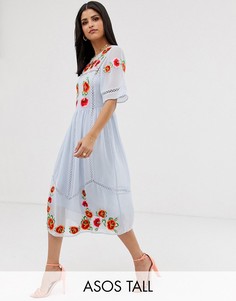 Свободное платье миди с вышивкой и отделкой \лесенка\" ASOS DESIGN Tall-Синий
