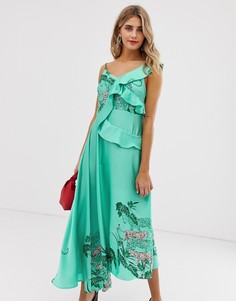 Платье макси на бретелях с оборками и принтом тигров Liquorish-Зеленый