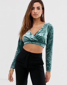 Сине-зеленый бархатный кроп-топ с длинными рукавами Missguided