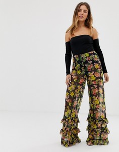 Широкие брюки с цветочным принтом и оборками ASOS DESIGN-Мульти