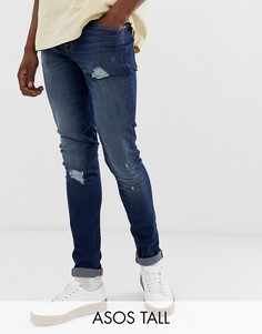 Темно-синие выбеленные супероблегающие джинсы с рваной отделкой ASOS DESIGN Tall-Синий