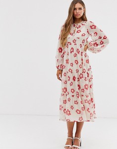 Свободное ярусное платье макси с длинными рукавами и цветочным принтом ASOS DESIGN-Мульти