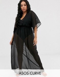 Черное пляжное платье макси из шифона с широкими рукавами ASOS DESIGN Curve-Черный