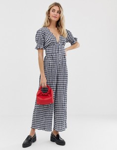 Комбинезон в клетку с пышными рукавами ASOS DESIGN-Синий