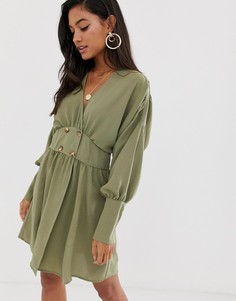 Платье мини с запахом и искусственными черепаховыми пуговицами ASOS DESIGN-Зеленый