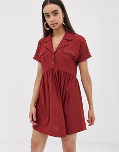 Свободное фактурное платье мини с пуговицами ASOS DESIGN safari-Красный