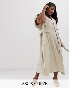 Фактурное платье макси с глубоким вырезом и рукавами-кейп ASOS DESIGN Curve-Бежевый
