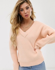 Джемпер крупной вязки с открытыми плечами и V-образным вырезом ASOS DESIGN-Розовый
