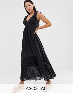 Фактурный сарафан в решетчатую клетку с глубоким вырезом ASOS DESIGN Tall-Черный