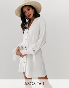 Короткое приталенное платье на пуговицах с завязками на рукавах ASOS DESIGN Tall-Белый