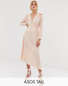 Платье миди с запахом и вышивкой ASOS DESIGN Tall-Розовый