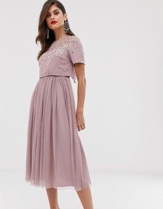 Платье миди с отделкой на кроп-топе и сетчатой юбкой ASOS DESIGN-Розовый