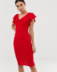 Платье миди с v-образным вырезом и оборками на рукавах AX Paris-Красный