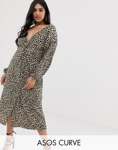 Свободное платье миди с узлом, плиссировкой и звериным принтом ASOS DESIGN Curve-Мульти