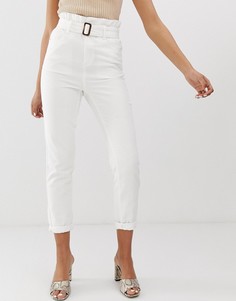 Джинсы в винтажном стиле с присборенным поясом и пряжкой FAE-Белый