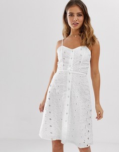 Платье миди на тонких бретельках с вышивкой ришелье Brave Soul-Белый