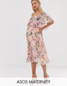 Платье-бандо миди с двухслойной отделкой и плиссировкой ASOS DESIGN Maternity-Мульти