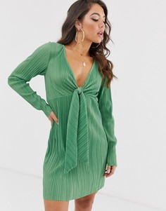 Плиссированное платье мини с узлом ASOS DESIGN-Зеленый