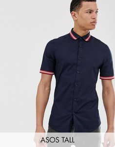 Приталенная рубашка с воротником и манжетами в рубчик ASOS DESIGN Tall-Темно-синий