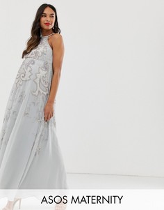 Платье макси на бретелях с декоративной отделкой ASOS DESIGN Maternity-Серый