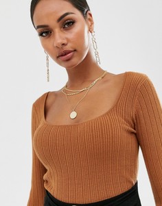 Джемпер в мелкий рубчик с длинными рукавами ASOS DESIGN-Светло-бежевый