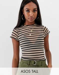 Топ из сетки в полоску с короткими рукавами ASOS DESIGN Tall-Черный