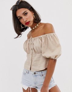 Топ с открытыми плечами из ткани на основе льна ASOS DESIGN-Белый