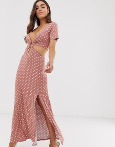 Платье макси в горошек с вырезом и кольцом ASOS DESIGN-Мульти