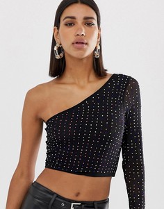 Сетчатый кроп-топ на одно плечо со стразами ASOS DESIGN-Черный