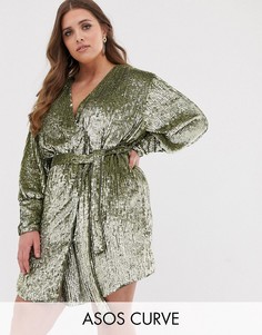 Платье мини с запахом и пайетками ASOS EDITION Curve-Зеленый