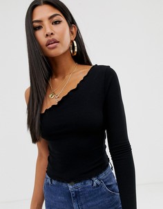 Черный укороченный лонгслив на одно плечо с отделкой по краю ASOS DESIGN