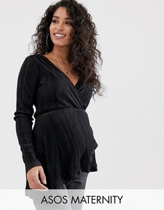 Плиссированный топ с длинными рукавами, запахом и асимметричным краем ASOS DESIGN Maternity-Черный