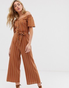 Светло-коричневый комбинезон в тонкую полоску с открытыми плечами Miss Selfridge-Мульти