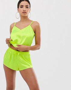 Атласный пижамный комплект неонового цвета с шортами ASOS DESIGN-Желтый