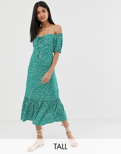 Платье миди с открытыми плечами и цветочным принтом ASOS DESIGN Tall-Зеленый