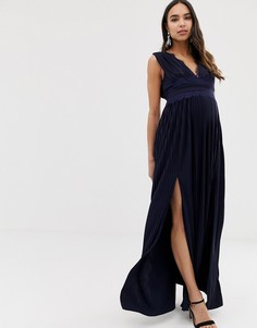 Плиссированное платье макси для беременных с кружевной вставкой ASOS DESIGN-Темно-синий