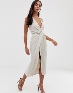 Фактурное льняное платье миди с драпировкой ASOS DESIGN-Бежевый
