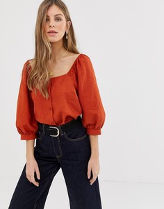 Льняной топ с квадратным вырезом и рукавами 3/4 ASOS DESIGN-Оранжевый