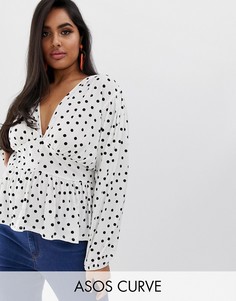Монохромный топ в горошек с пышными рукавами и корсетной отделкой на талии ASOS DESIGN Curve-Мульти