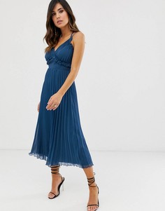 Плиссированное платье миди на бретельках ASOS DESIGN-Темно-синий