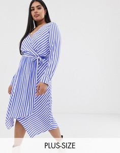 Платье в полоску с запахом и поясом Glamorous Curve-Синий