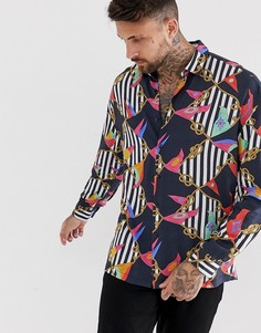 Рубашка классического кроя в полоску и с принтом флагов ASOS DESIGN-Черный