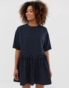 Свободное платье мини в горошек с оборкой на талии ASOS DESIGN-Мульти