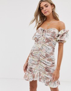 Присборенный сарафан мини с широким вырезом и цветочным принтом ASOS DESIGN-Мульти