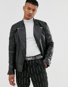 Черная кожаная куртка со стеганой подкладкой ASOS DESIGN-Черный