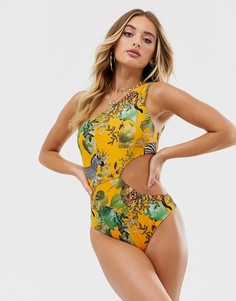 Слитный купальник на одно плечо со сборками и тропическим принтом ASOS DESIGN-Мульти