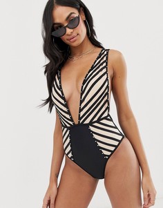 Слитный купальник с ремешками и глубоким вырезом ASOS DESIGN-Черный
